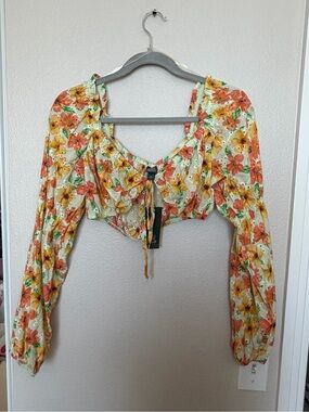 wild fable Floral Tie-Front Crop Top - Yellow, Orange & Green